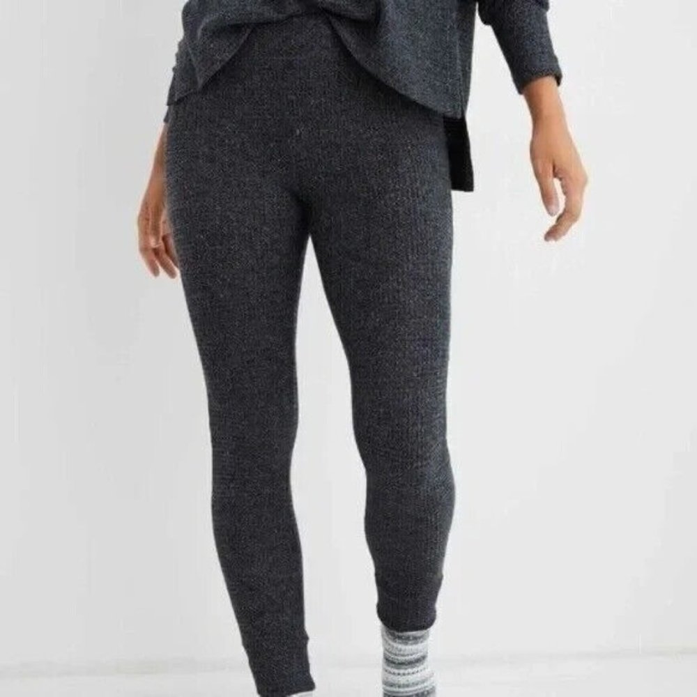 Aerie Leggings Black Gray Lounge Pull On Waffle Knit High Rise - Picture 3 of 13